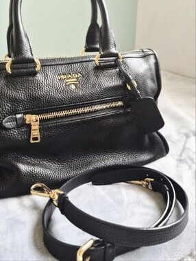 Authentic Prada Black Leather Satchel with Gold Hardware